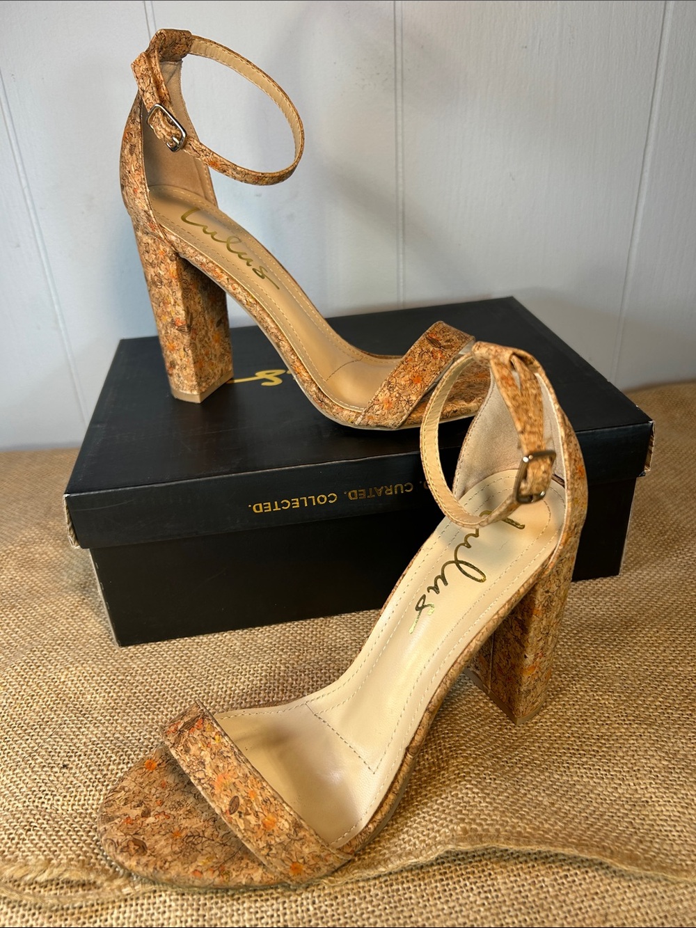 Lulu's Cork-Textured Ankle-Strap Block Heels - Tan Multi